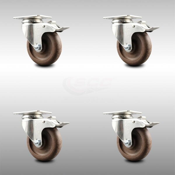 4 Inch 316SS High Temp Glass Filled Nylon Top Plate Caster Set Total Lock Brake